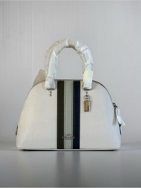 Coach White Leather Satchel with Green and Navy Center Stripes